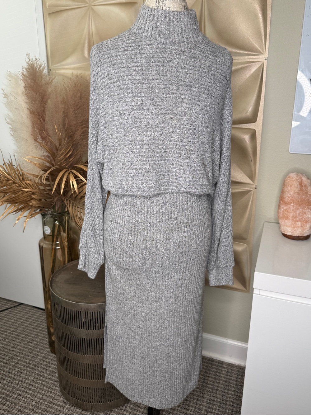 Anthropologie Saturday Sunday Gray Ribbed Knit Sweater & Skirt Set — XS